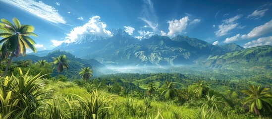 Fototapeta na wymiar Majestic Panoramic View of Lush Tropical Jungle and Towering Mountains in Remote Papua New Guinea
