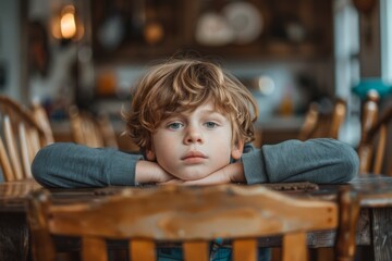 A child concentrating on an activity at the kitchen table portrays a sense of focus, dedication, and the simplicity of home life - obrazy, fototapety, plakaty