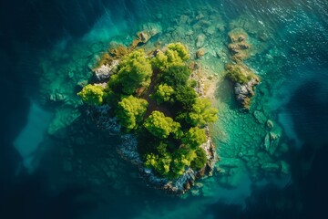 A breathtaking aerial shot capturing the emerald greens of a solitary island amidst the crystal-clear blue waters