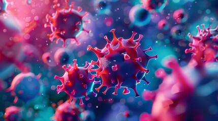 The Coronavirus abstract background shows flying Coronavirus or Sars pathogen cells. Covid 19 disease vaccination, outbreak, and pandemic. Medical health risk concept. Realistic 3D modern