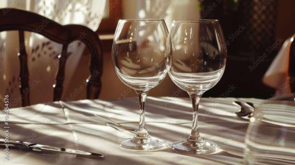 Poster two wine glasses sitting on a table, suitable for various concepts and designs