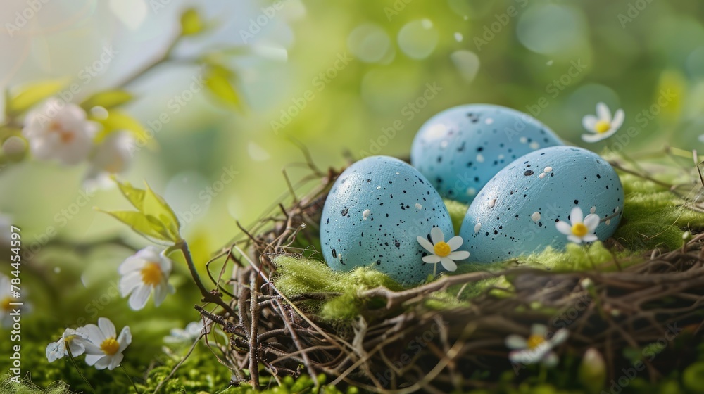 Poster three blue eggs in a nest surrounded by moss and flowers, suitable for spring themes