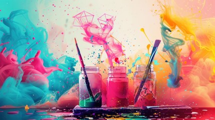 A jar of paint brush with colorful smoke background