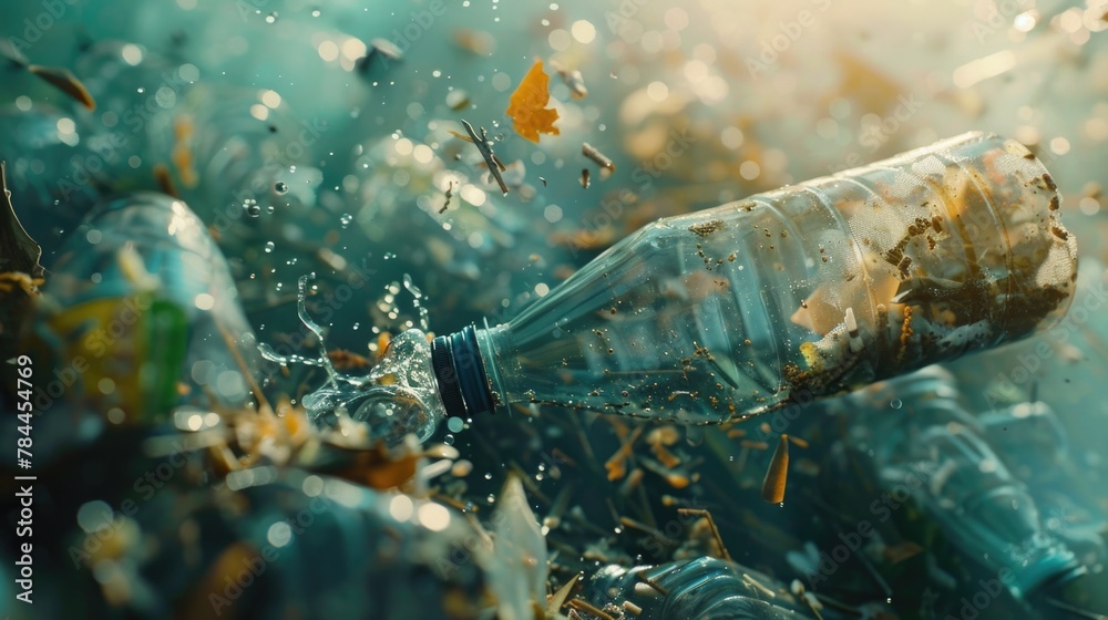 Poster a water bottle placed on top of a pile of trash. can be used to highlight environmental issues