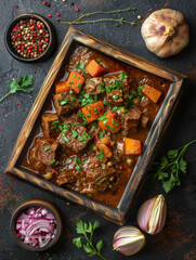 Oven-baked beef stew with carrots and potatoes, garnished with parsley.