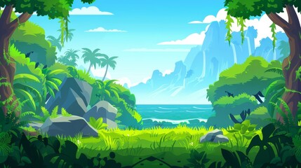 Modern illustration of rain forest with green trees, grass, lianas, and rocks on horizon. Modern parallax background for 2D animation. - obrazy, fototapety, plakaty