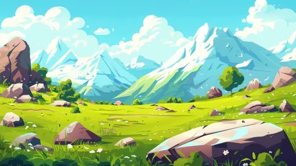 Plexiglas foto achterwand Grass, stones, snow rocks and clouds in the sky, on horizon with green meadows and white mountains. Modern cartoon illustration of summer landscape of valley with grass, stones, snow rocks, and © Mark