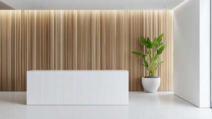 Reception desk in a room with wooden walls
