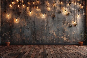 A charming and warm setting of a room with rustic walls, wooden floors, and decorative string lights, creating a cozy atmosphere - obrazy, fototapety, plakaty