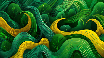 Nature's wave dance in emerald, leaf green, and sunflower yellow on a forest backdrop.