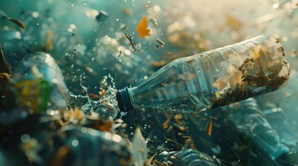 A water bottle placed on top of a pile of trash. Can be used to highlight environmental issues - obrazy, fototapety, plakaty