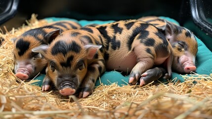   A couple of small pigs rest atop a hay pile on a bed of straw - obrazy, fototapety, plakaty