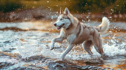 A dog running through the water. Suitable for pet or outdoor activities concepts