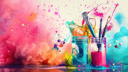 A jar of paint brush with colorful smoke background