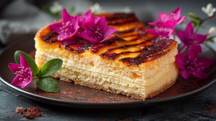   A cake sits atop a white plate, a purple flower adorning the adjacent black one