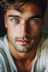 Fototapeta premium Close up of a person wearing a shirt. Suitable for fashion or casual concepts