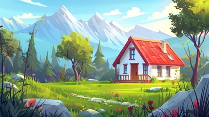 Fototapeten An old house in a forest at the foot of a mountain. Modern illustration of a cozy cottage with a wooden porch and a red roof in a beautiful valley filled with tall trees, flowers in spring, green © Mark