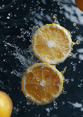 Water splashed delicious lemon slices, isolated dark background.