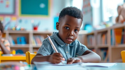 Little black boy doodling on a desk of his classroom