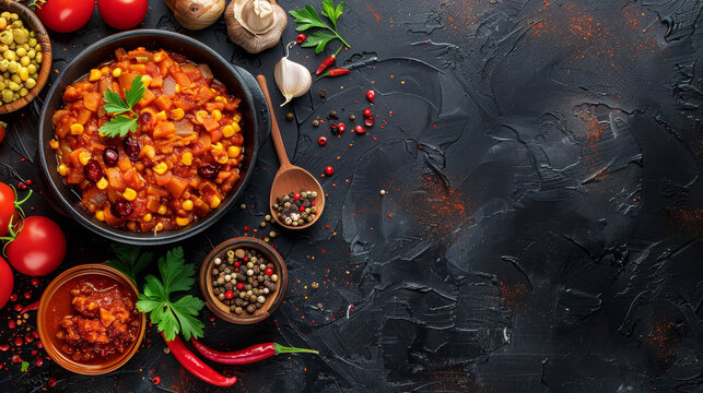 egetarian chili in a rustic bowl surrounded by spices and herbs.