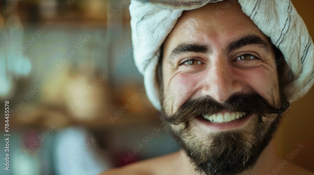 Poster a man with a towel wrapped around his head. suitable for lifestyle and relaxation concepts