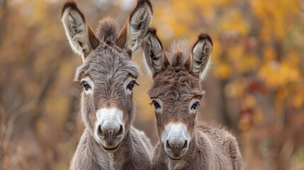 Naklejka na ściany i meble Two donkeys stand side by side before a woodland scene Background consists of yellow and orange trees