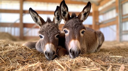   A couple of donkeys resting atop a pile of dry grass, next to each other, near a stack of hay