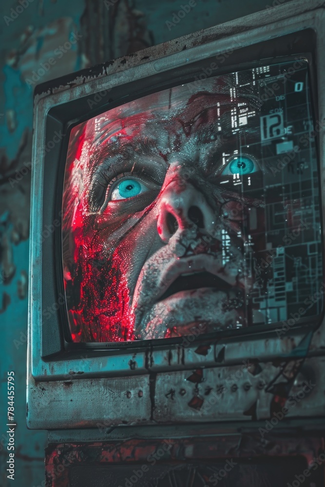 Poster a television displaying a man's face. suitable for technology and communication concepts
