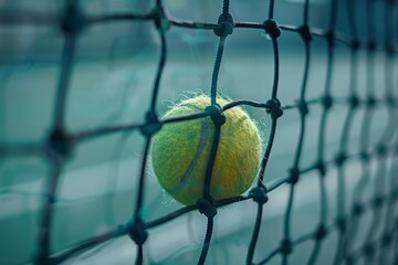 A close-up of a yellow tennis ball stuck in the green netting of a tennis court