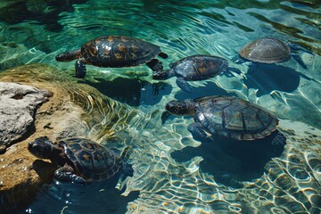 Beautiful little turtles swimming in clear water in the ocean or sea