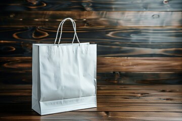 An elegant white paper shopping bag placed upright on a rustic wooden background, showcasing consumerism and retail - obrazy, fototapety, plakaty