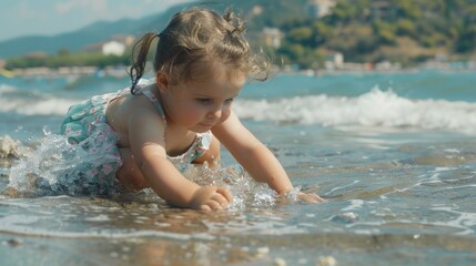 A little girl having fun in the water at the beach. Perfect for summer vacation concepts