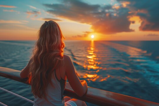 Captivating image of a woman gazing at a beautiful sunset with golden hues reflecting on calm sea waters, evoking peace and wonder