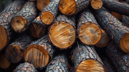 Log trunks pile, Wooden trunks pine, Logging timber wood industry
