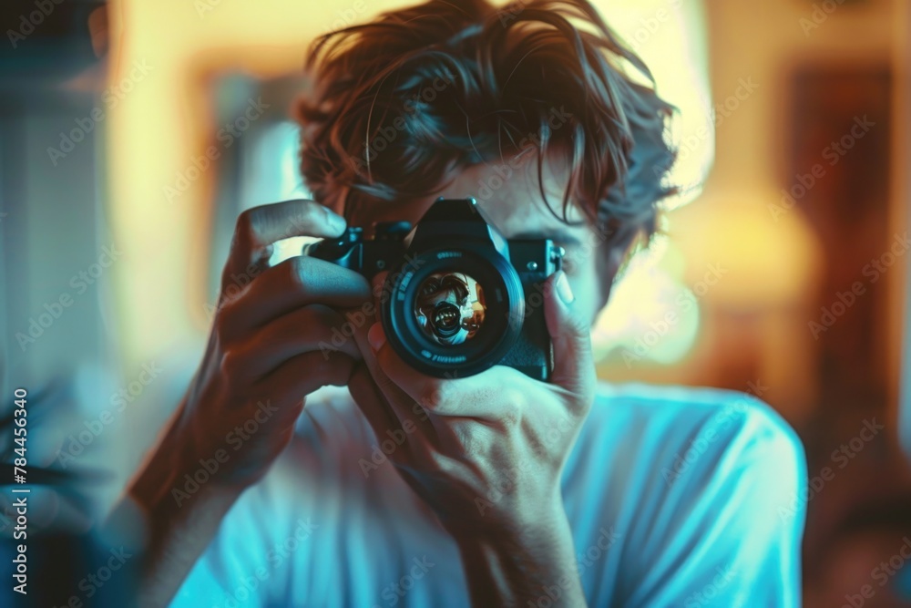 Poster a man capturing a moment with a camera. suitable for photography concepts