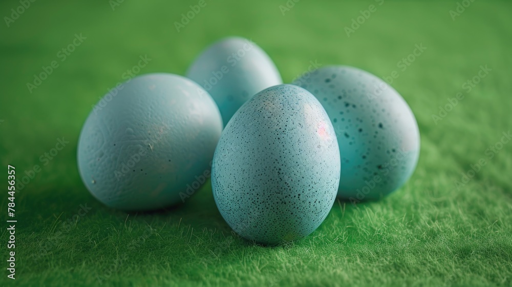 Poster three blue eggs resting on a green surface, suitable for various design projects