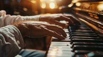 Close up of a person playing a piano, suitable for music-related projects
