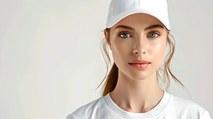 Portrait of a Young Woman in White Cap and T-shirt, Simple and Clean Style, Ideal for Lifestyle Marketing. AI