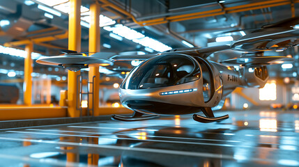 Flying car taking off from a multi-level parking lot. Copy Space.