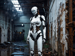 Fototapeta na wymiar Moderner Roboter in einer zerstörten Fabrik