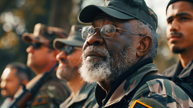 A group of diverse veterans stand together, sharing stories and camaraderie, their faces etched with pride and experience.
