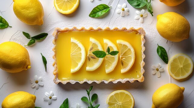   A lemon tart displayed on a pristine white surface, garnished with sliced lemons, nearby lemons, flowers, and foliage