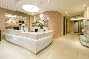A spacious, white reception counter in a modern, bright beauty salon interior