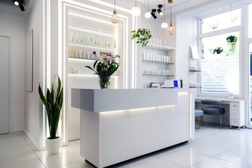 A sleek reception area in a contemporary beauty salon, showcasing a clean and welcoming ambiance