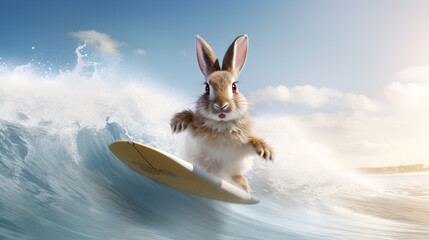 Adorable cute bunny,A white rabbit in the middle of river scating in the water with the sky background playful bunny