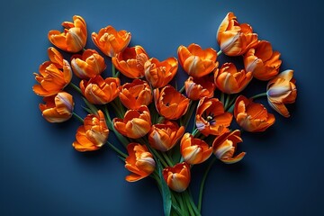 A bouquet of bright orange tulips with yellow accents lies against a dark blue surface, creating a stark and beautiful contrast