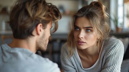 Emotionally stressed young couple arguing at home. Portrait of an angry irritated man and woman talking and looking at each other with annoyance. Relationship problems, family conflicts - obrazy, fototapety, plakaty