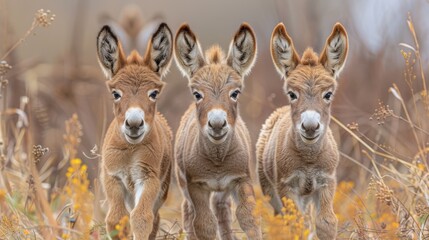   A cluster of baby deer gathered near each other in a towering grass field adorned with yellow wildflowers