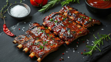 Grilled baby back ribs with smokey BBQ sauce and salt on dark slate.