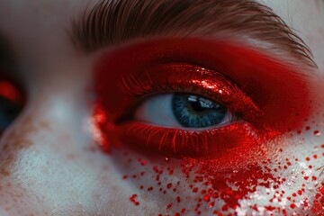 A close up of a person's eye with red paint on it. Perfect for makeup or Halloween themed designs